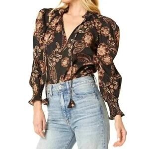 MISA Los Angeles Siena Blouse in Black Brown Floral | Long Puff Sleeve | Size S